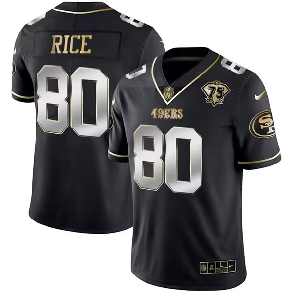 Men's San Francisco 49ers #80 Jerry Rice Black Gold Edition With 75th Anniversary Patch Stitched Jersey